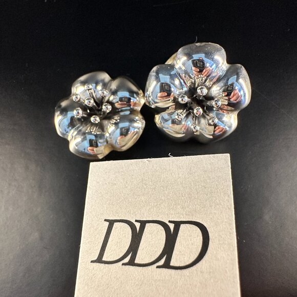 🌺 DDD Mexico 925 Sterling Silver Floral Clip-On Earrings | Vintage Statement - Picture 2 of 4